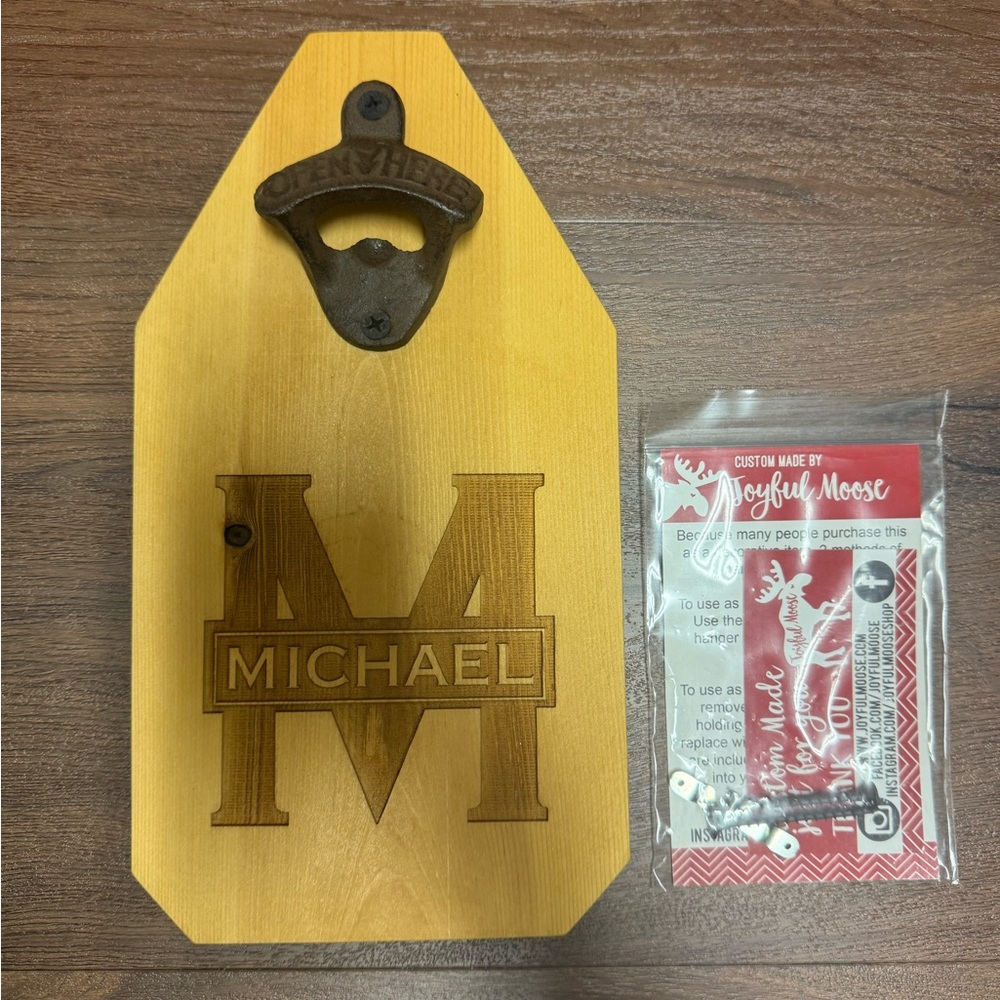 Wooden bottle opener wall mount “Michael” engraving with nails